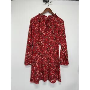 LOFT Women’s S 4 Red Floral Ruffle Tie Neck Zip Long Sleeve A-Line Dress New